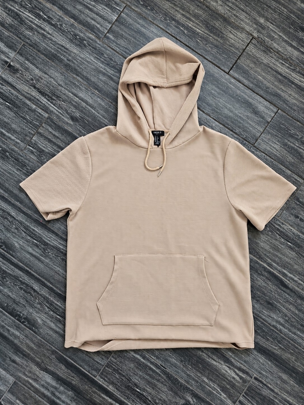 Forever 21 Men’s XL Beige Textured Short Sleeve Hoodie Pullover Kangaroo Pocket